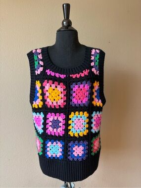 See and Be Seen Crochet Vest Large Granny Square Colorful Flowers Boho